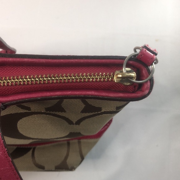 Coach Khaki Signature Stripe Patent Shoulder Tote Red Bag Handbag 12429 - Picture 12 of 16
